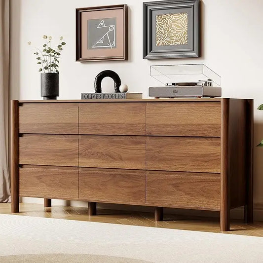 63" Wide 9-Drawer Dresser, Mid-Century Modern Walnut Chest with Solid Wood Legs, Large Storage Organizer