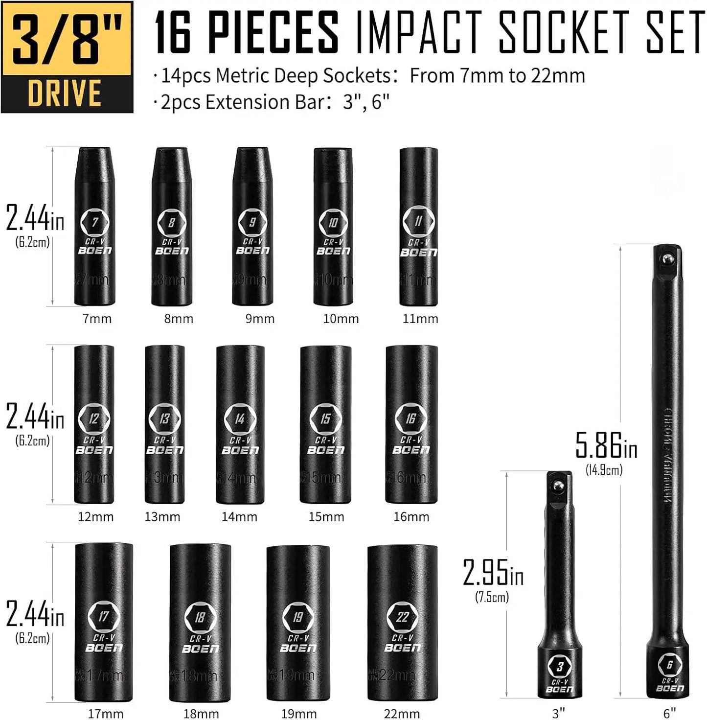 BOEN 3/8" Drive 16 Piece Metric Socket Set 7 to 22mm,6 Point Design, Cr-V Steel, Heavy Duty Storage Case