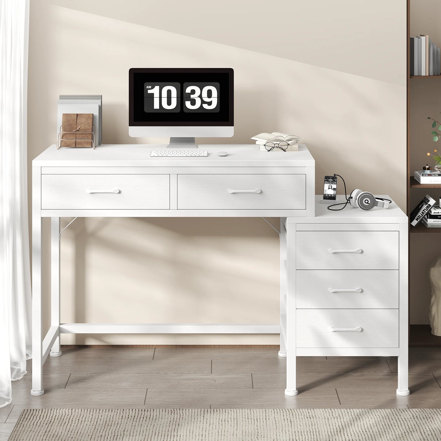 JHK 51IN Computer Desk with 5 Drawers Small Office Desk Computer Table with Printer Stand and Storage for Studying Writing