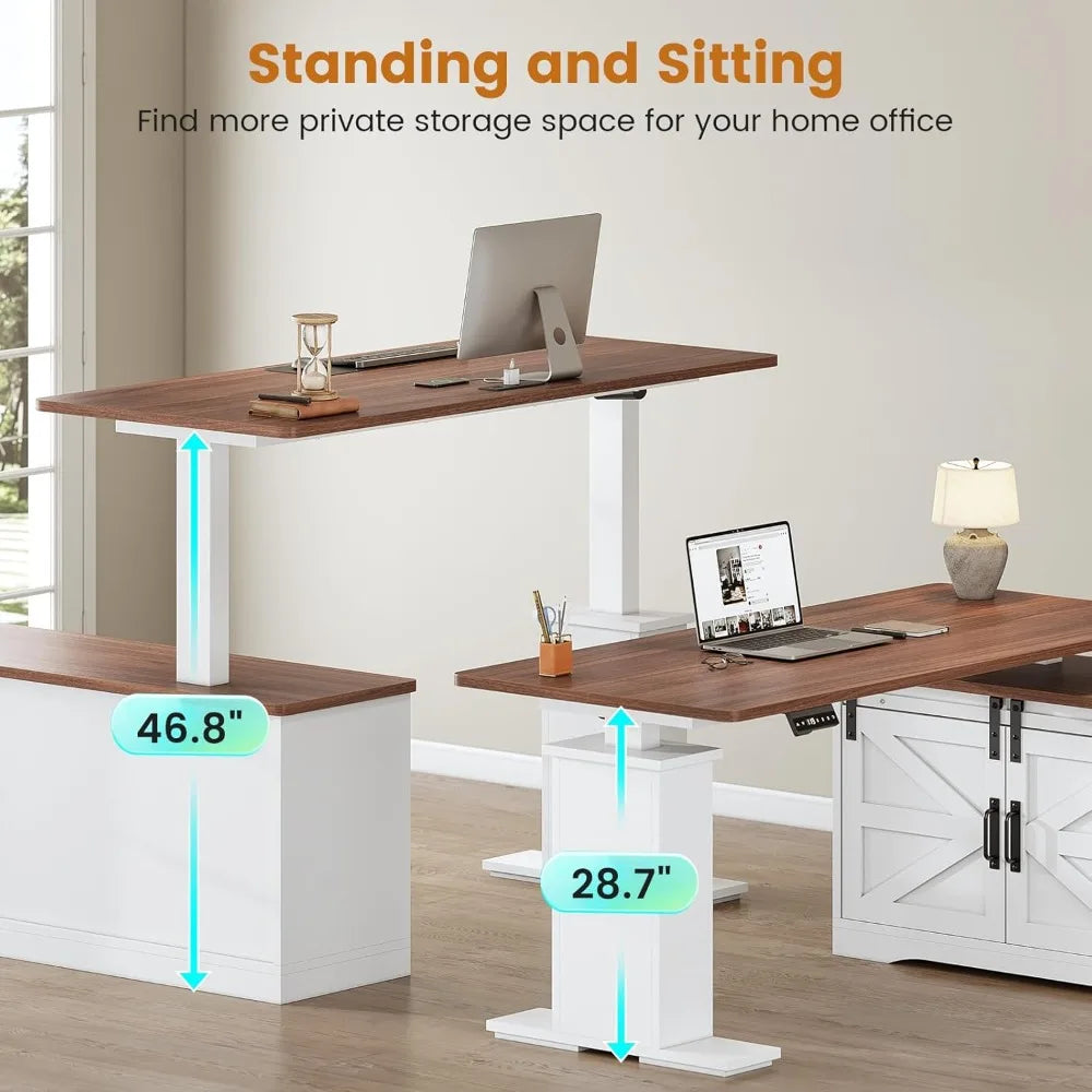 Farmhouse L Shaped Standing Desk, 55 inch Height Adjustable Corner Desk with Storage Drawers, Standing Computer Desks with