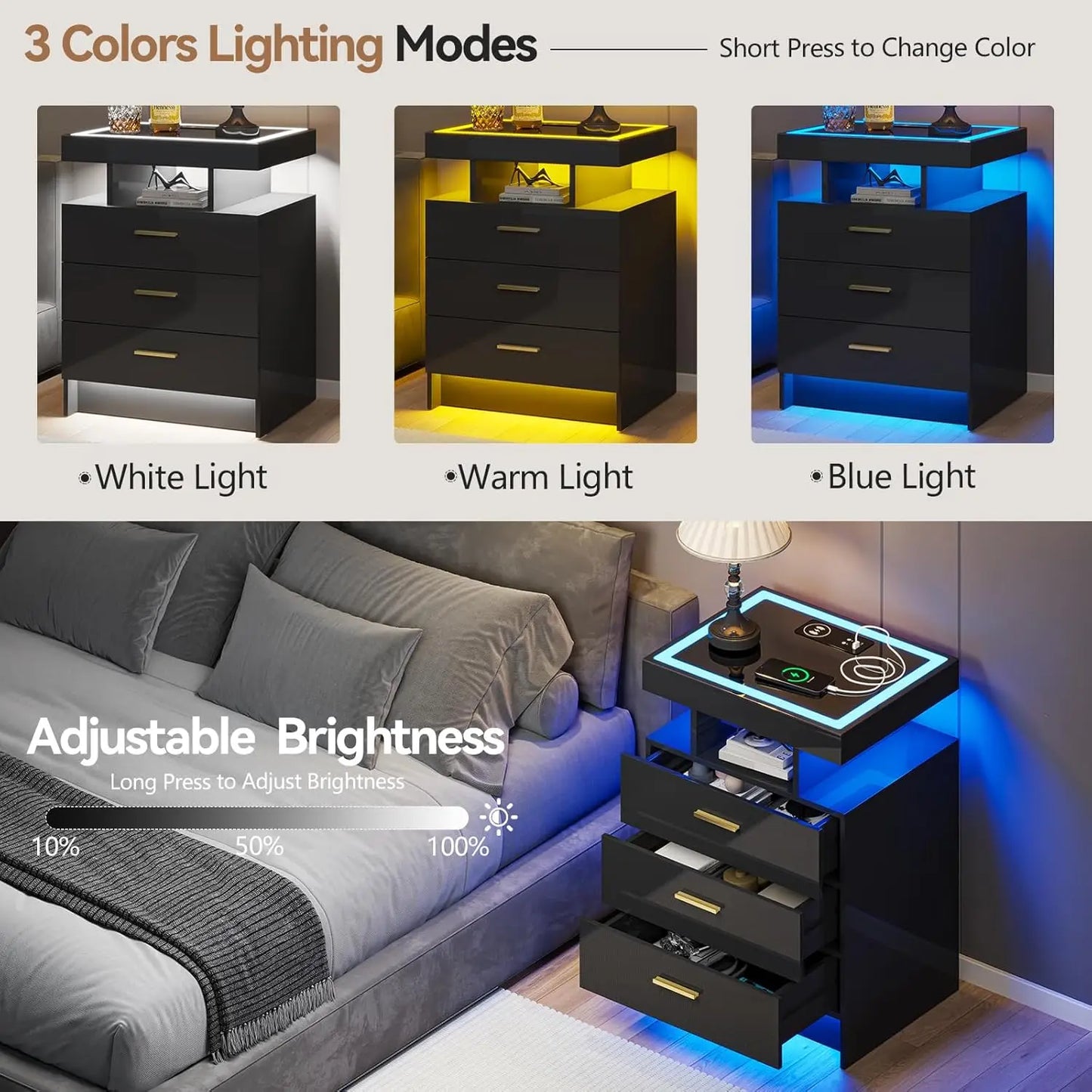 Black Night Stand Set 2 with Wireless Charging Station,Smart Bedside Table with 3 Drawers,Modern Glass Top End Side, Customized