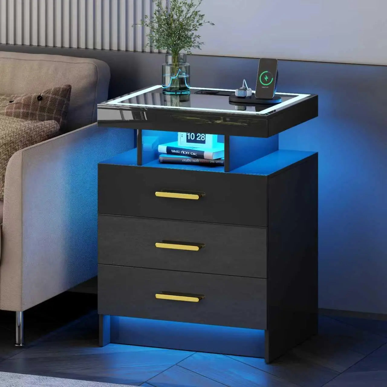 Black Night Stand Set 2 with Wireless Charging Station,Smart Bedside Table with 3 Drawers,Modern Glass Top End Side, Customized