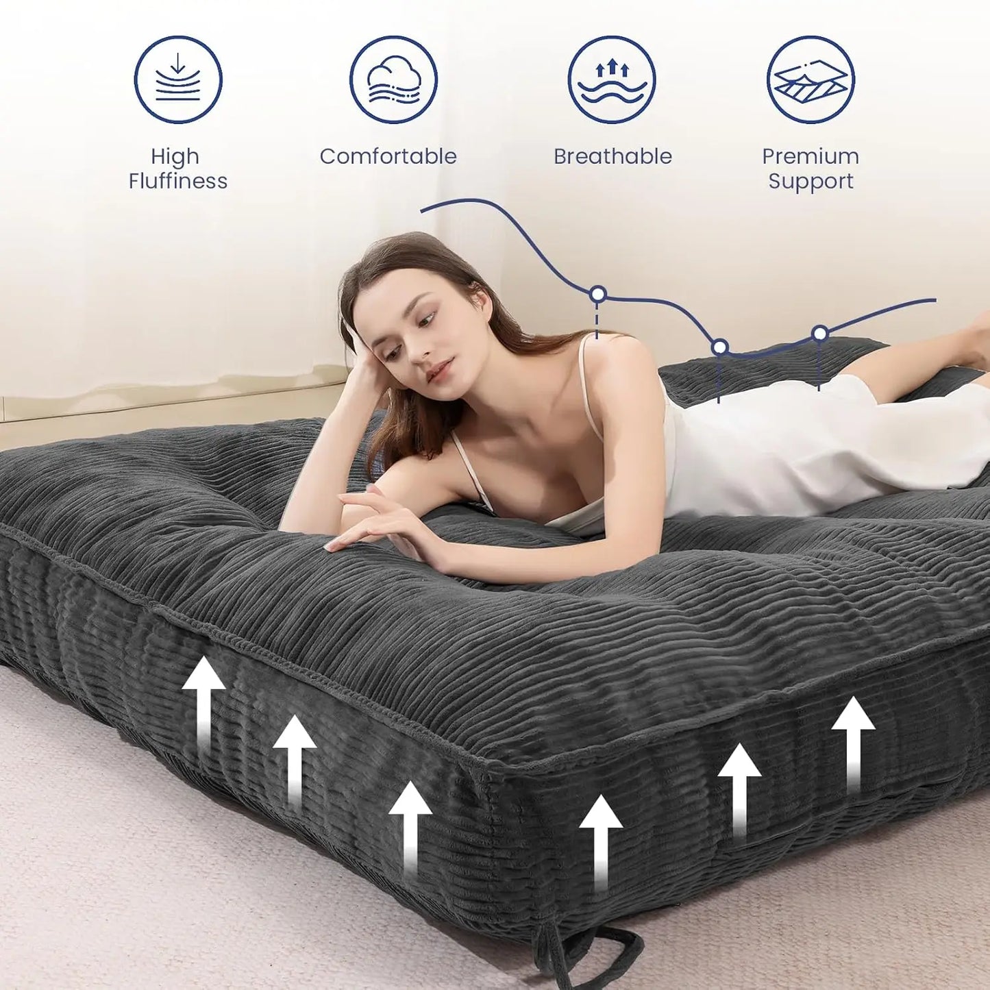 8" Thick Futon Mattress Full Size Shredded Foam Medium Firm Roll Up Folding Floor Sofa Bed Adults Customized