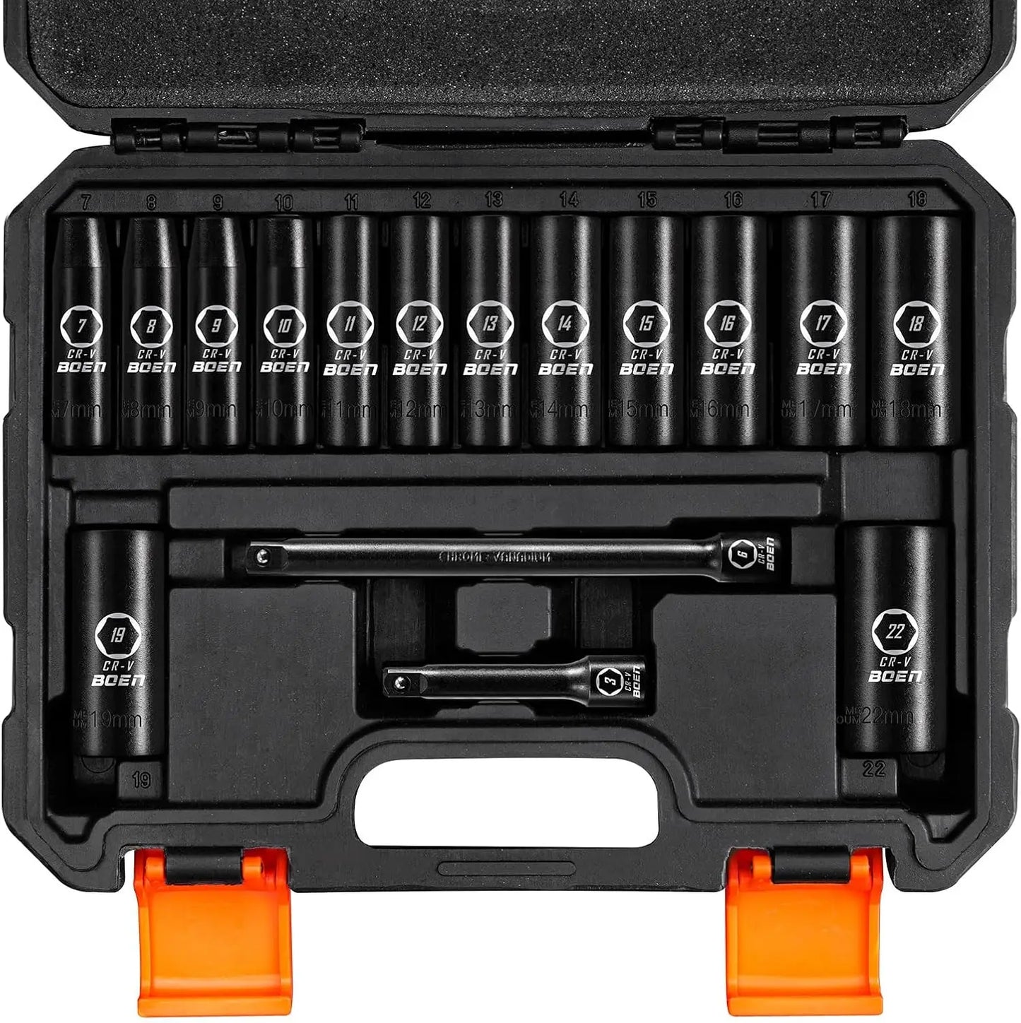 BOEN 3/8" Drive 16 Piece Metric Socket Set 7 to 22mm,6 Point Design, Cr-V Steel, Heavy Duty Storage Case