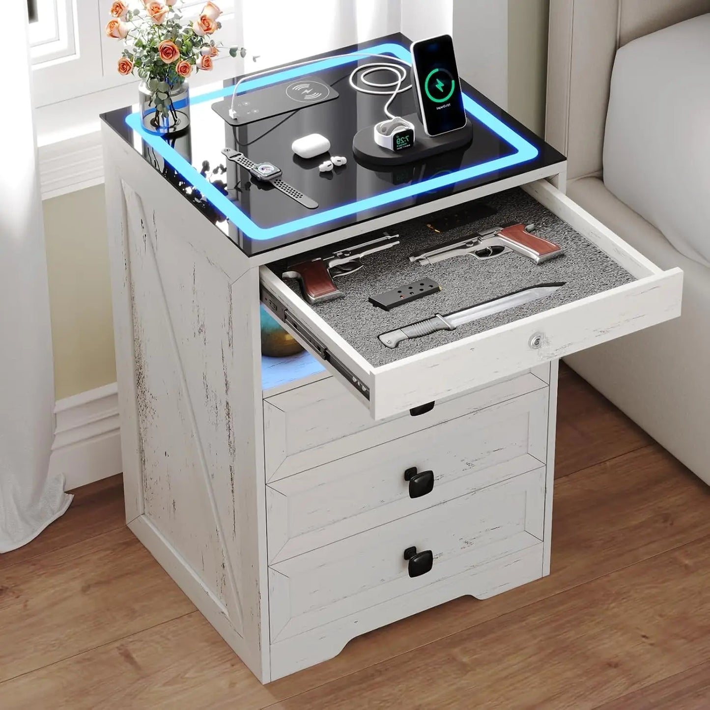 Farmhouse Nightstand Set 2 with Gun Drawer,Bedside Table with Charging Station and Human Body Senor,3 LED Lights, Customized