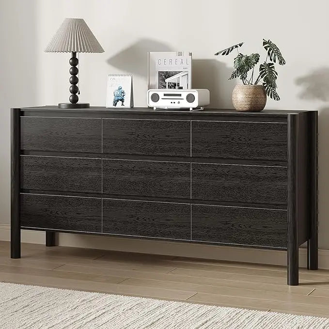 63" Wide 9-Drawer Dresser, Mid-Century Modern Walnut Chest with Solid Wood Legs, Large Storage Organizer