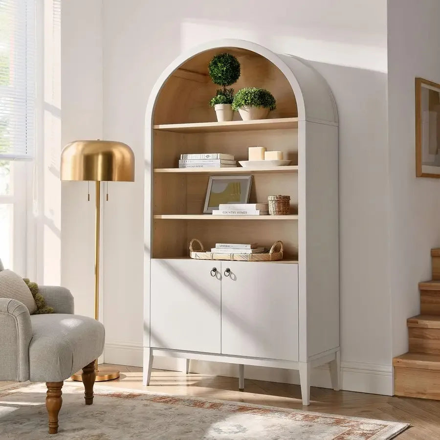Nolan Tall Arched Storage Display Cabinet in Ivory 74 Inch Arch Bookshelf with Open and Closed Shelving Modern Accent Cabinet f