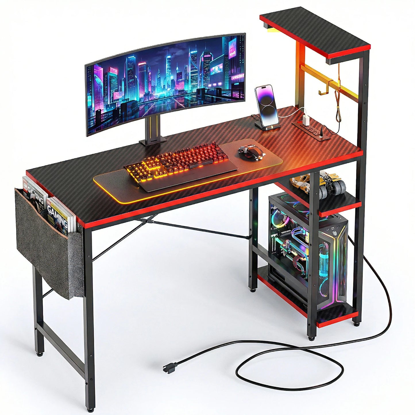 NOST&HOST 44 Inch LED Gaming Computer Desk for Small Spaces, Home Office Desk with Reversible Shelves & Side Bag, Black 3D Carbon Fiber